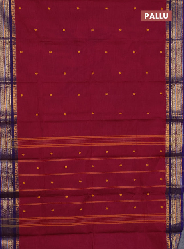 Chettinad cotton saree magenta pink and dark violet with thread woven buttas and temple disign zari woven border