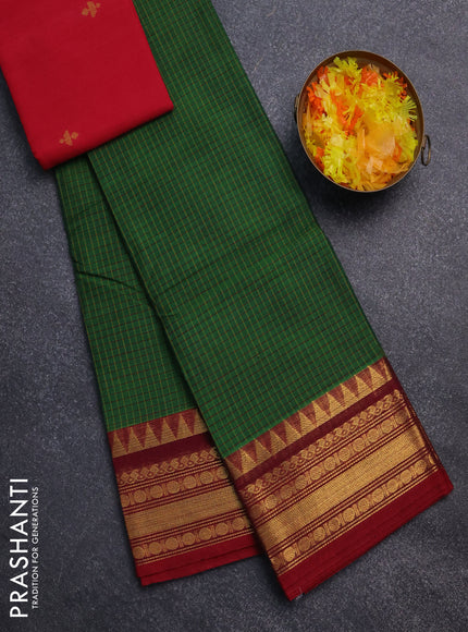 Chettinad cotton saree green and maroon with thread woven buttas and temple disign zari woven border