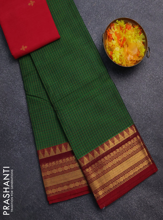 Chettinad cotton saree green and maroon with thread woven buttas and temple disign zari woven border