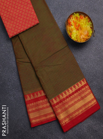 Chettinad cotton saree dual shade of green and red with allover checked pattern and temple disign zari woven border