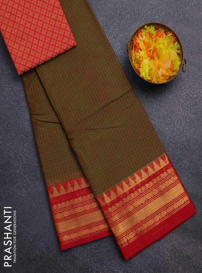 Chettinad cotton saree dual shade of green and red with allover checked pattern and temple disign zari woven border