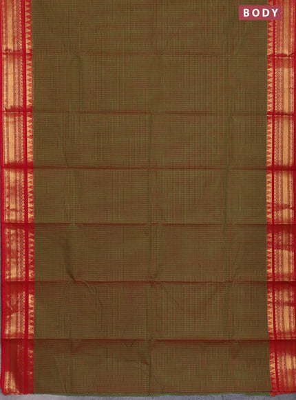 Chettinad cotton saree dual shade of green and red with allover checked pattern and temple disign zari woven border