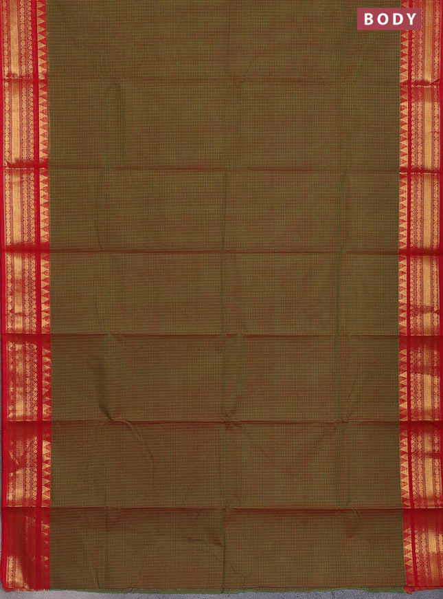 Chettinad cotton saree dual shade of green and red with allover checked pattern and temple disign zari woven border
