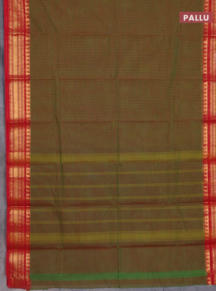 Chettinad cotton saree dual shade of green and red with allover checked pattern and temple disign zari woven border