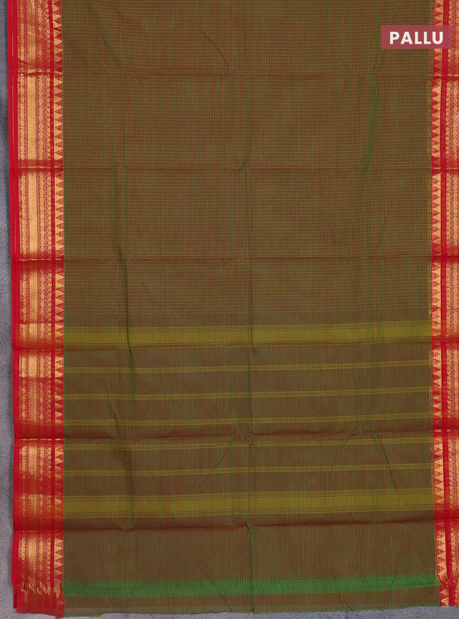 Chettinad cotton saree dual shade of green and red with allover checked pattern and temple disign zari woven border
