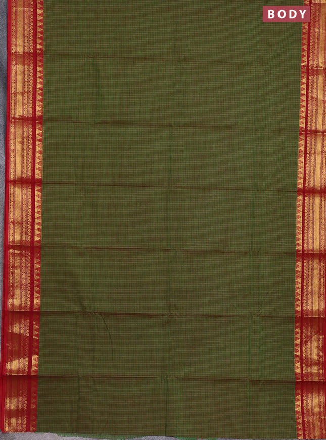 Chettinad cotton saree green and maroon with allover checked pattern and temple disign zari woven border
