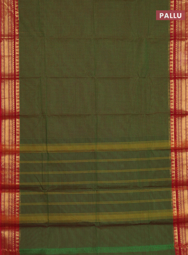 Chettinad cotton saree green and maroon with allover checked pattern and temple disign zari woven border
