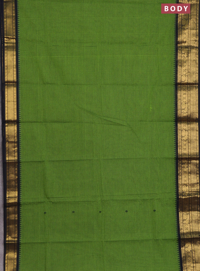 Chettinad cotton saree green and black with allover checked pattern and temple disign zari woven border