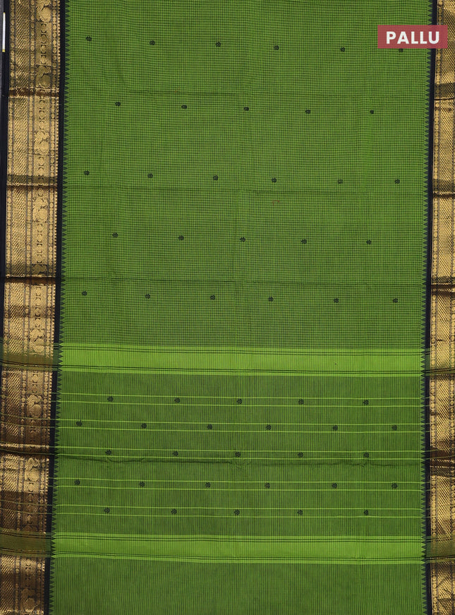 Chettinad cotton saree green and black with allover checked pattern and temple disign zari woven border