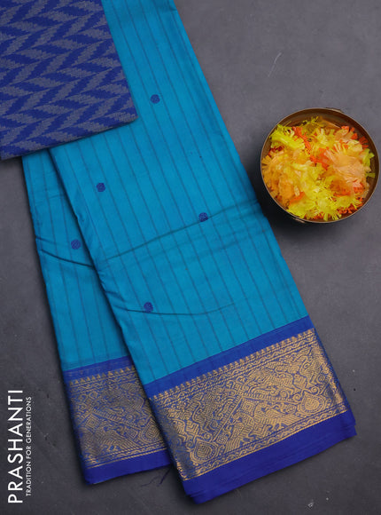 Chettinad cotton saree teal blue and blue with allover stripes pattern & thread woven buttas and zari woven border