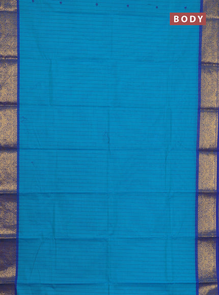Chettinad cotton saree teal blue and blue with allover stripes pattern & thread woven buttas and zari woven border