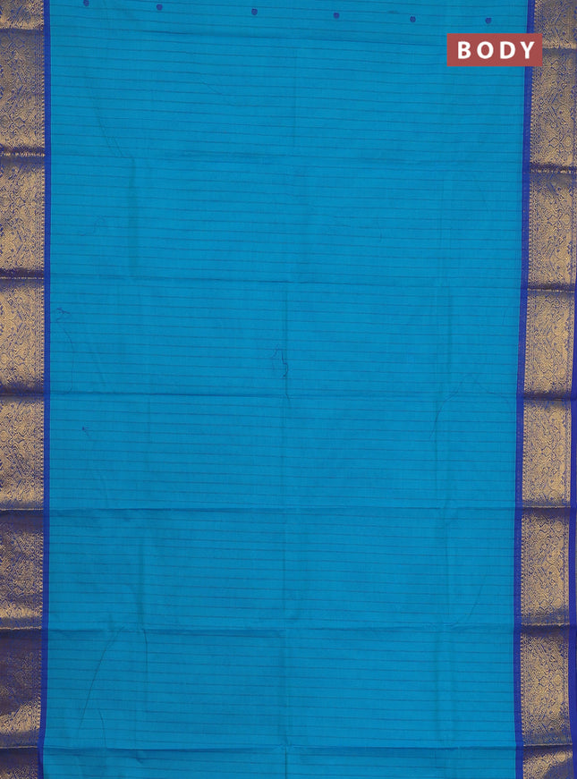 Chettinad cotton saree teal blue and blue with allover stripes pattern & thread woven buttas and zari woven border