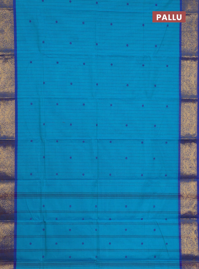 Chettinad cotton saree teal blue and blue with allover stripes pattern & thread woven buttas and zari woven border