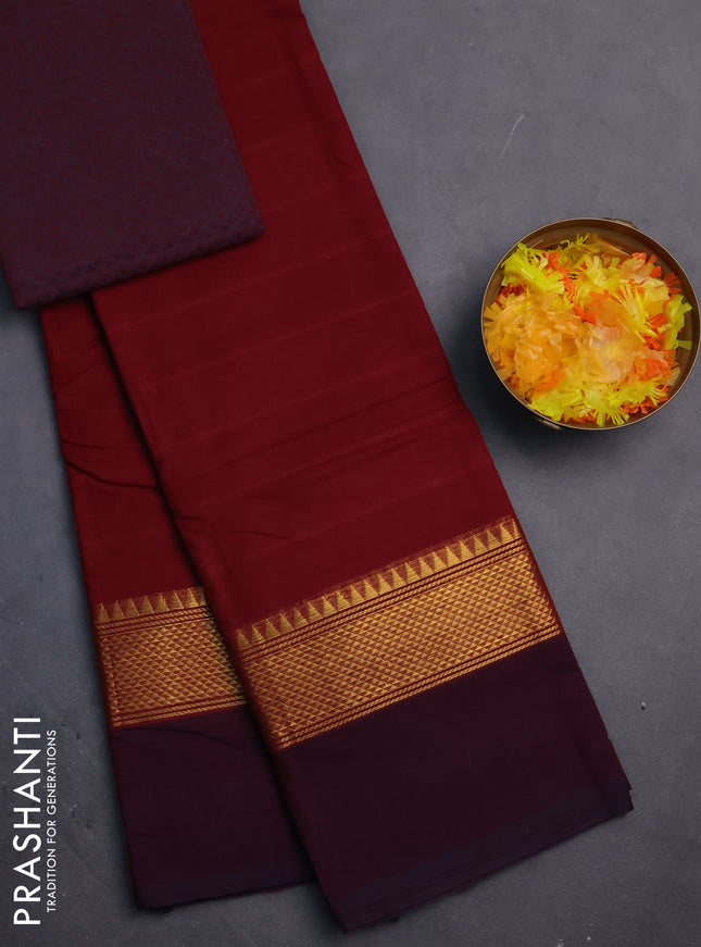 Chettinad cotton saree maroon and deep jamun with thread woven buttas and zari woven simple border