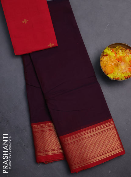 Chettinad cotton saree deep jamun shade and red with thread woven buttas and zari woven border