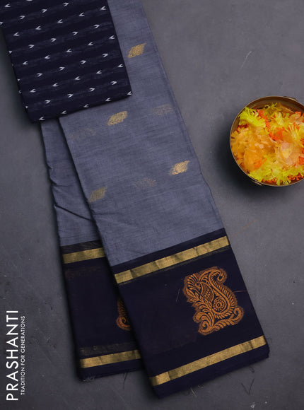 Chettinad cotton saree grey and navy blue with thread woven buttas and rattapet zari woven border