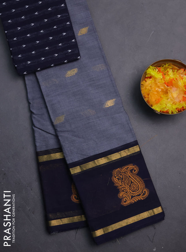 Chettinad cotton saree grey and navy blue with thread woven buttas and rattapet zari woven border