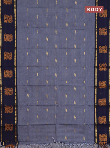 Chettinad cotton saree grey and navy blue with thread woven buttas and rattapet zari woven border