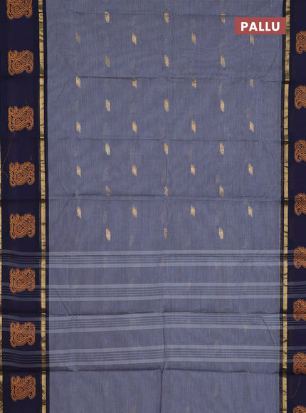 Chettinad cotton saree grey and navy blue with thread woven buttas and rattapet zari woven border
