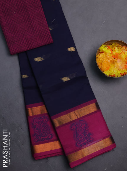 Chettinad cotton saree navy blue and magenta pink with thread woven buttas and rattapet zari woven border
