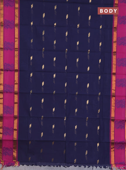 Chettinad cotton saree navy blue and magenta pink with thread woven buttas and rattapet zari woven border
