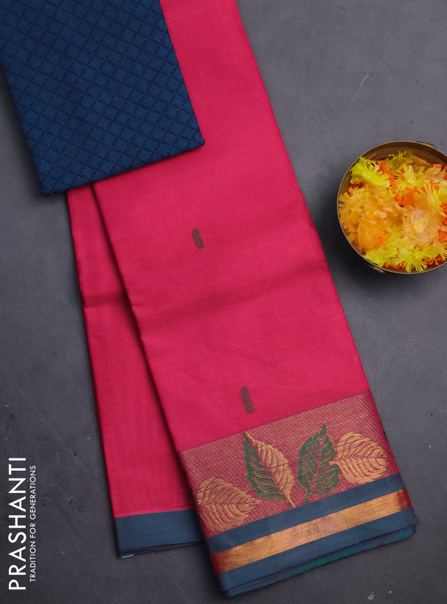Chettinad cotton saree pink and dual shade of teal green with thread woven buttas and leaf design zari woven border