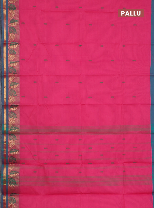 Chettinad cotton saree pink and dual shade of teal green with thread woven buttas and leaf design zari woven border