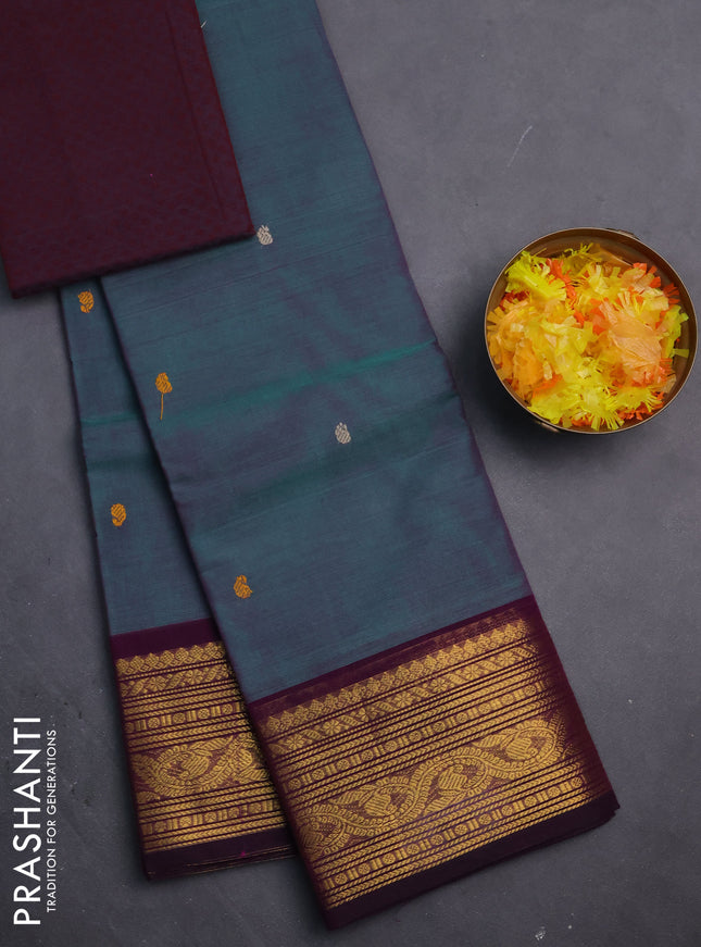 Chettinad cotton saree dual shade of teal green and wine shade with thread woven buttas and zari woven border