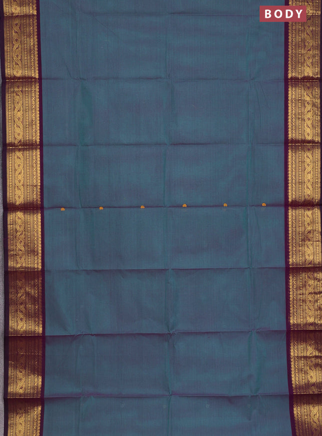 Chettinad cotton saree dual shade of teal green and wine shade with thread woven buttas and zari woven border