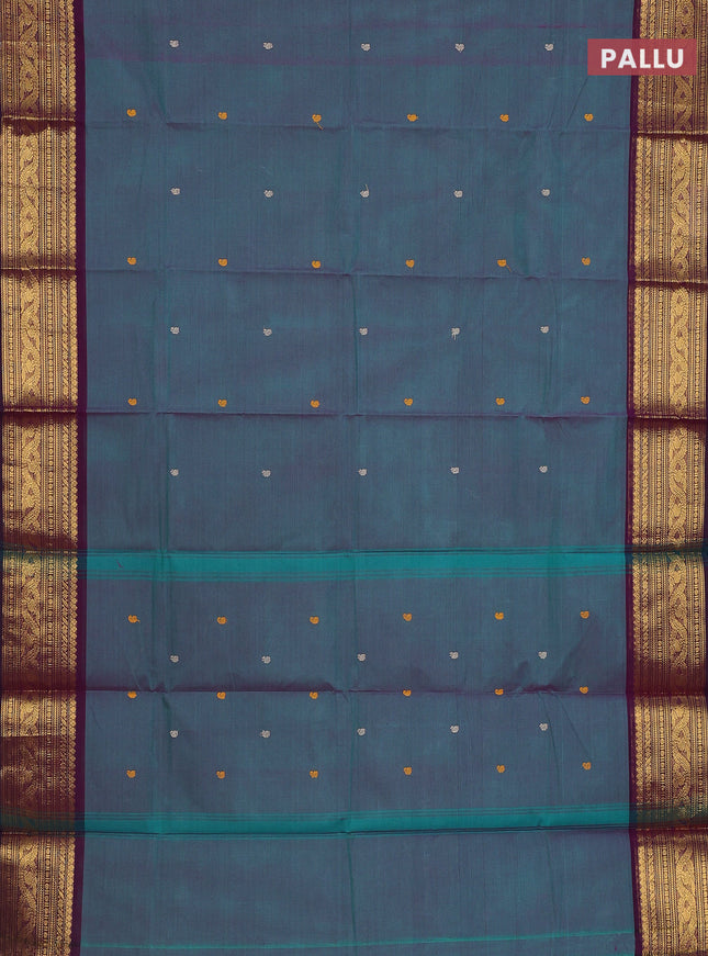 Chettinad cotton saree dual shade of teal green and wine shade with thread woven buttas and zari woven border