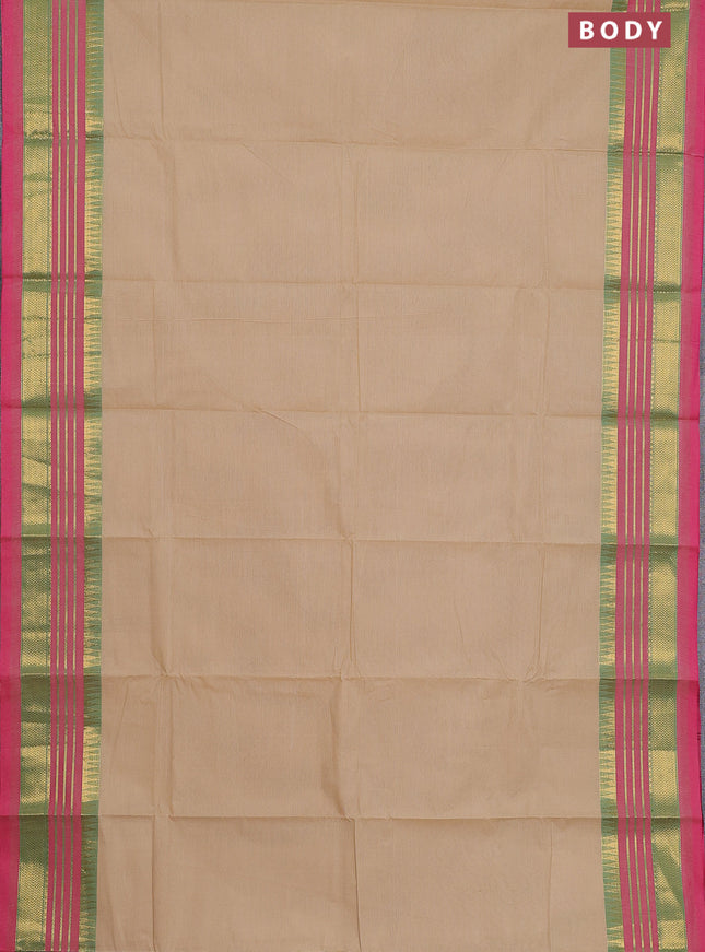 Chettinad cotton saree beige and pink with thread woven buttas and zari woven border