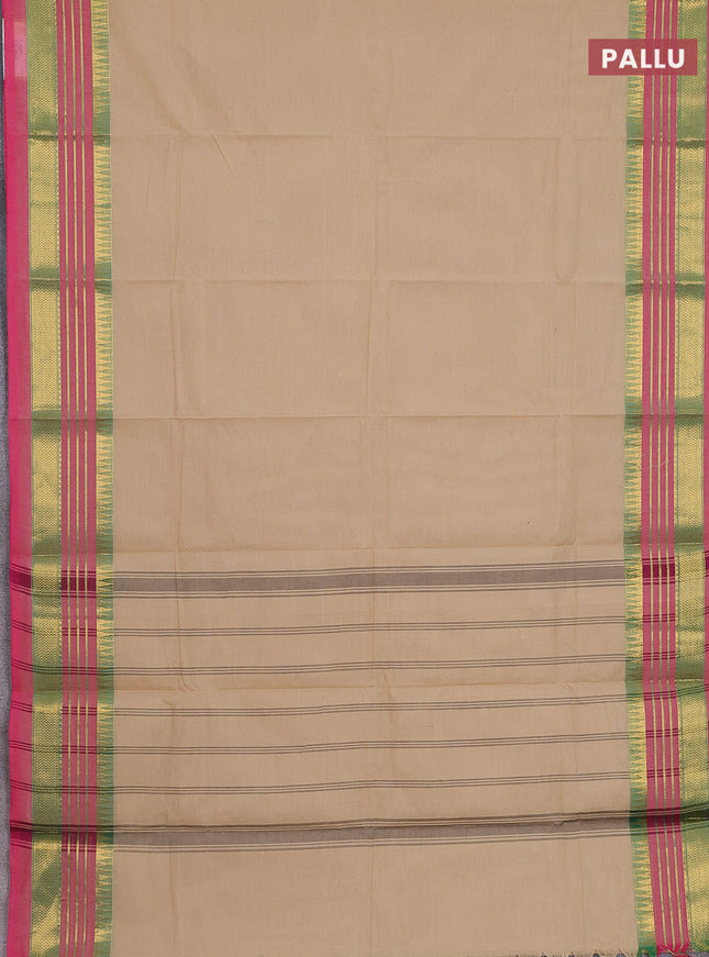 Chettinad cotton saree beige and pink with thread woven buttas and zari woven border