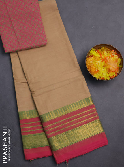 Chettinad cotton saree sandal and pink with plain body and zari woven border