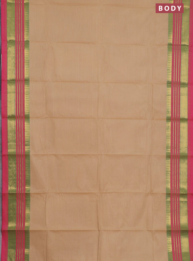 Chettinad cotton saree sandal and pink with plain body and zari woven border