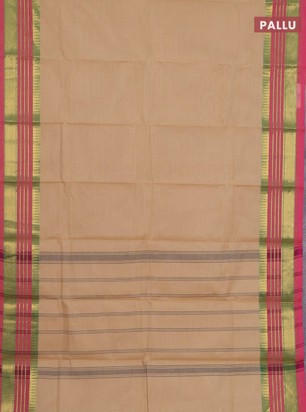 Chettinad cotton saree sandal and pink with plain body and zari woven border