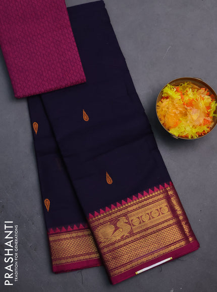 Chettinad cotton saree navy blue and dark magenta pink with thread woven buttas and zari woven border