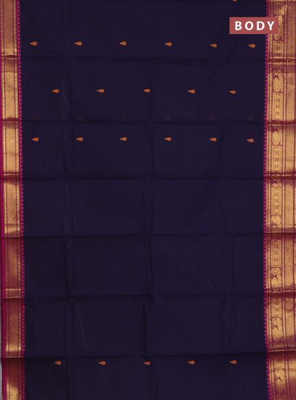 Chettinad cotton saree navy blue and dark magenta pink with thread woven buttas and zari woven border