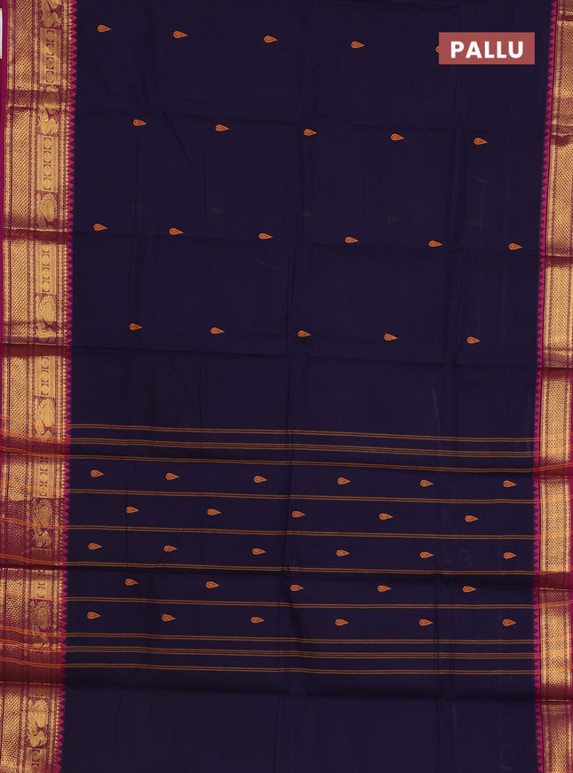 Chettinad cotton saree navy blue and dark magenta pink with thread woven buttas and zari woven border