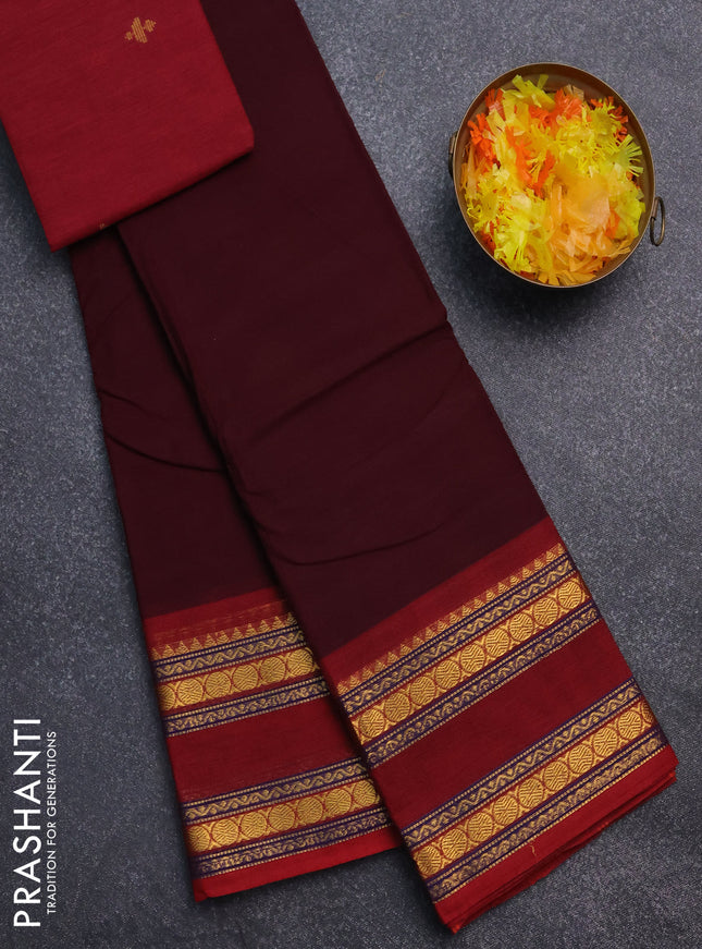 Chettinad cotton saree brown and maroon with thread woven buttas and rattapet zari woven border
