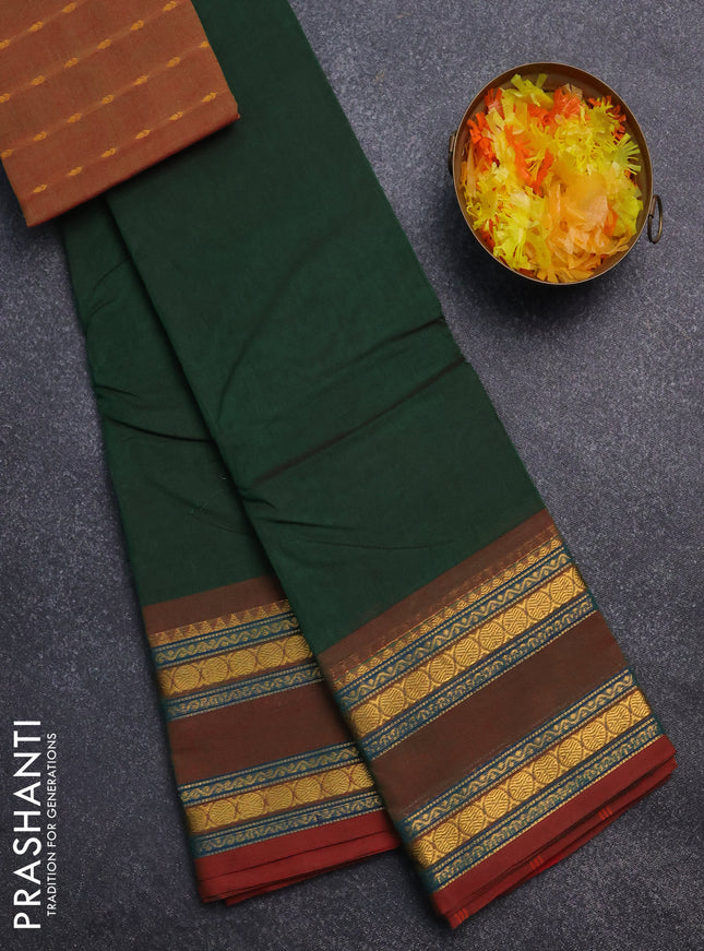 Chettinad cotton saree green and brown with thread woven buttas and rattapet zari woven border