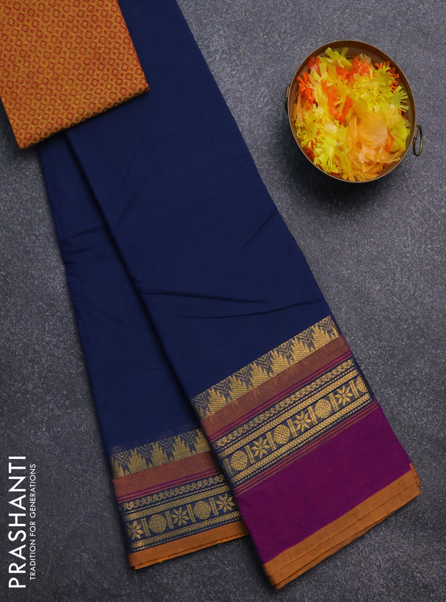 Chettinad cotton saree peacock blue and purpel with thread woven buttas and ganga jamuna border