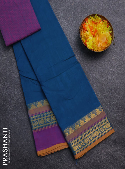Chettinad cotton saree peacock blue and violet with thread woven buttas and ganga jamuna border