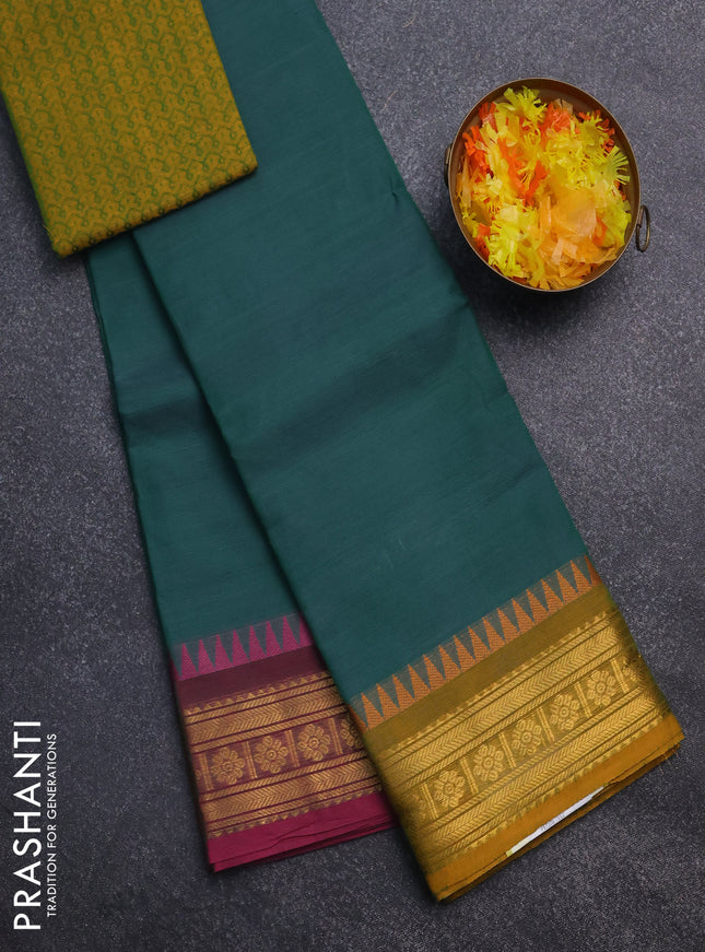 Chettinad cotton saree teal green and mustard yellow with thread woven buttas and ganga jamuna border