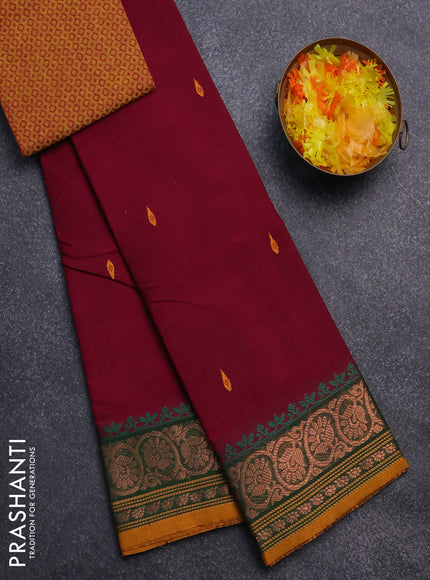 Chettinad cotton saree magenta pink and green with thread woven buttas and copper zari woven border