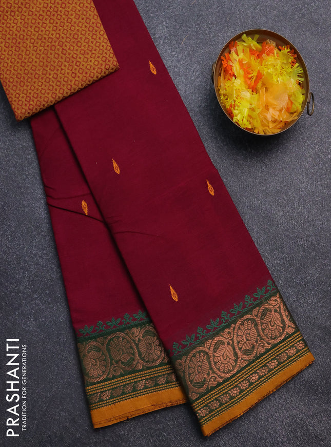 Chettinad cotton saree magenta pink and green with thread woven buttas and copper zari woven border