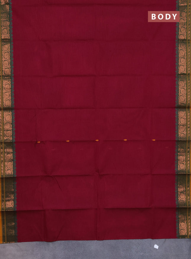 Chettinad cotton saree magenta pink and green with thread woven buttas and copper zari woven border