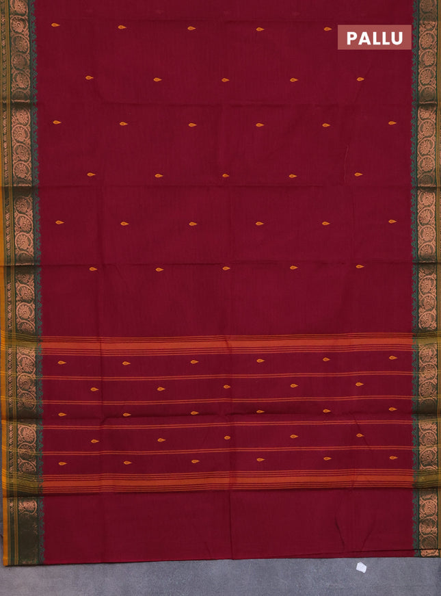 Chettinad cotton saree magenta pink and green with thread woven buttas and copper zari woven border