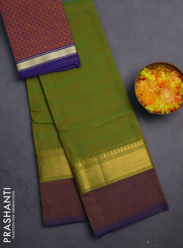 Chettinad cotton saree light green and dual shade of blue with thread woven buttas and zari woven simple border