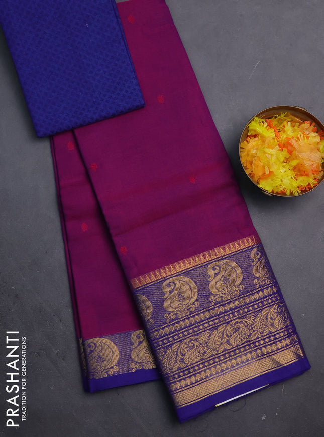 Chettinad cotton saree purple and blue with thread woven buttas and zari woven border
