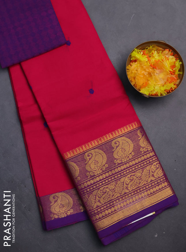 Chettinad cotton saree pink and purple with thread woven buttas and zari woven border